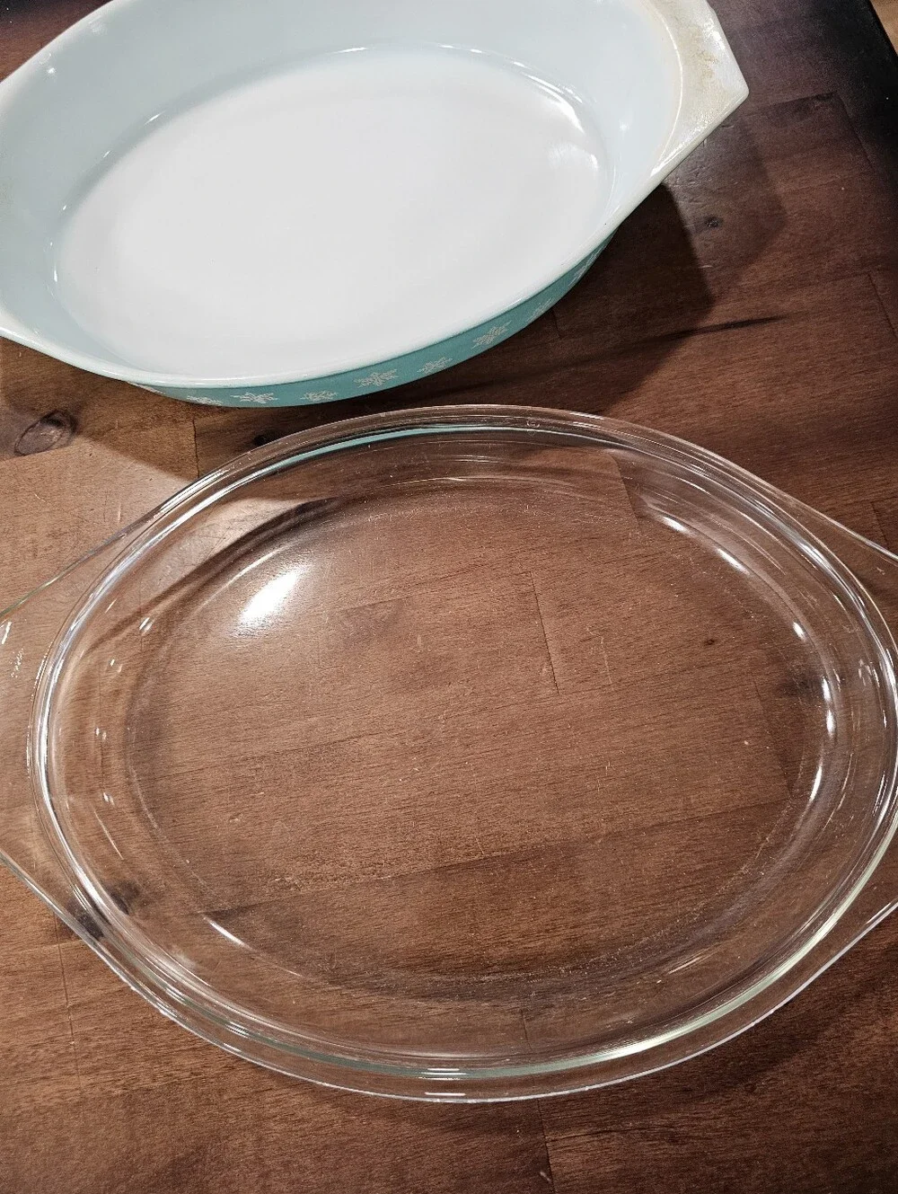 Vintage Pyrex Turquoise Snowflake Oval Casserole Dish Clear Glass Lid 1.5 Qt 043